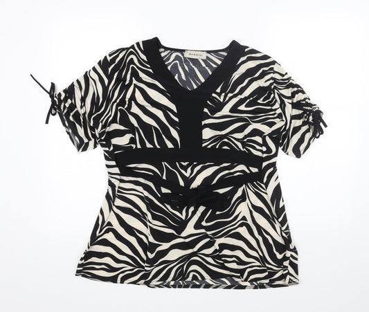 BASSINI Womens Black Animal Print Polyester Basic T-Shirt Size XL V-Neck - Tiger Print