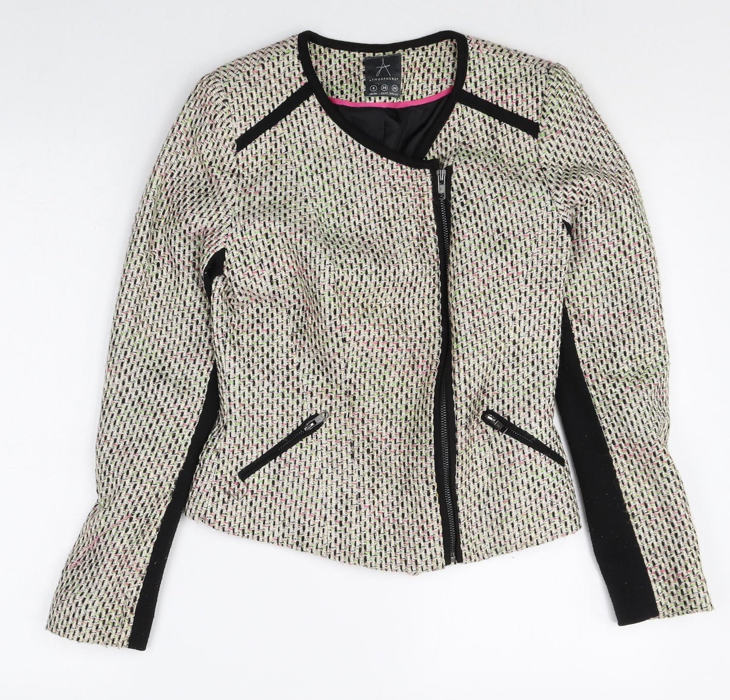 Atmosphere Womens Beige Geometric Biker Jacket Size 8 Zip