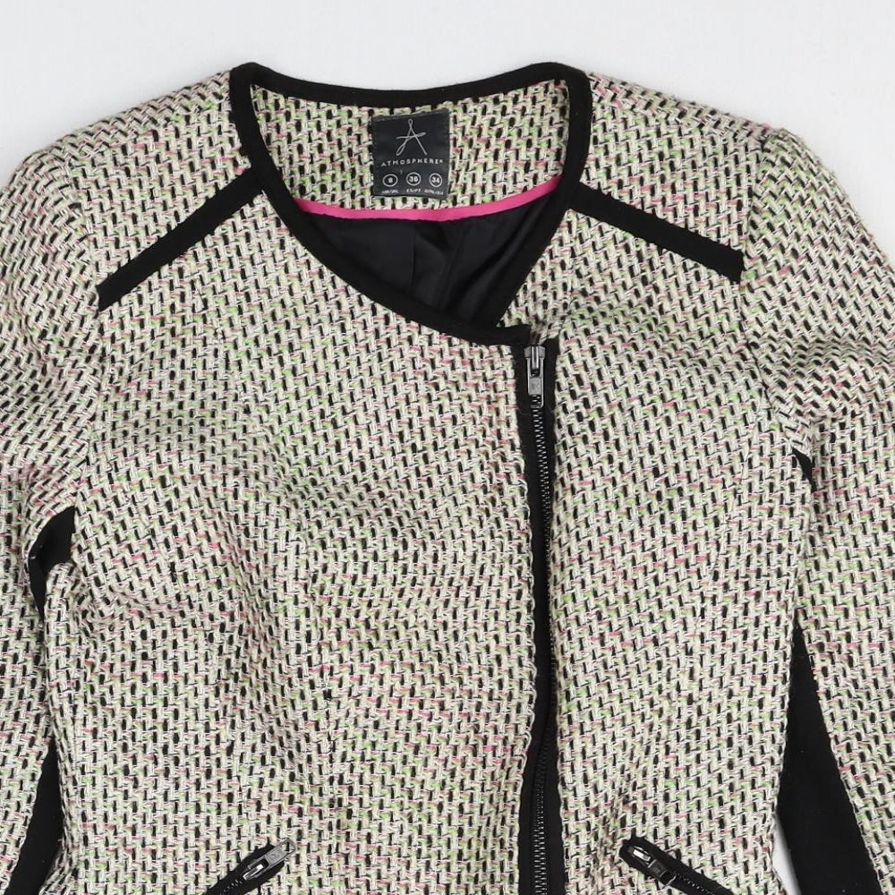 Atmosphere Womens Beige Geometric Biker Jacket Size 8 Zip