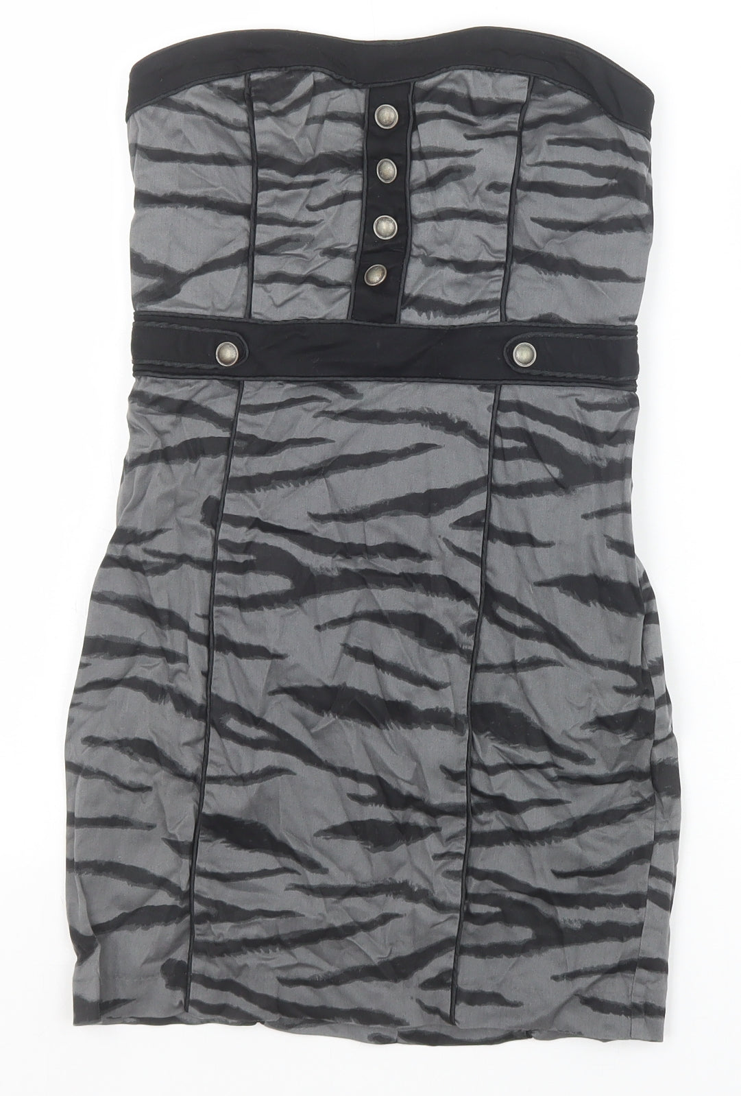 H&M Womens Grey Animal Print Cotton Bodycon Size 8 Off the Shoulder Zip - Tiger Pattern