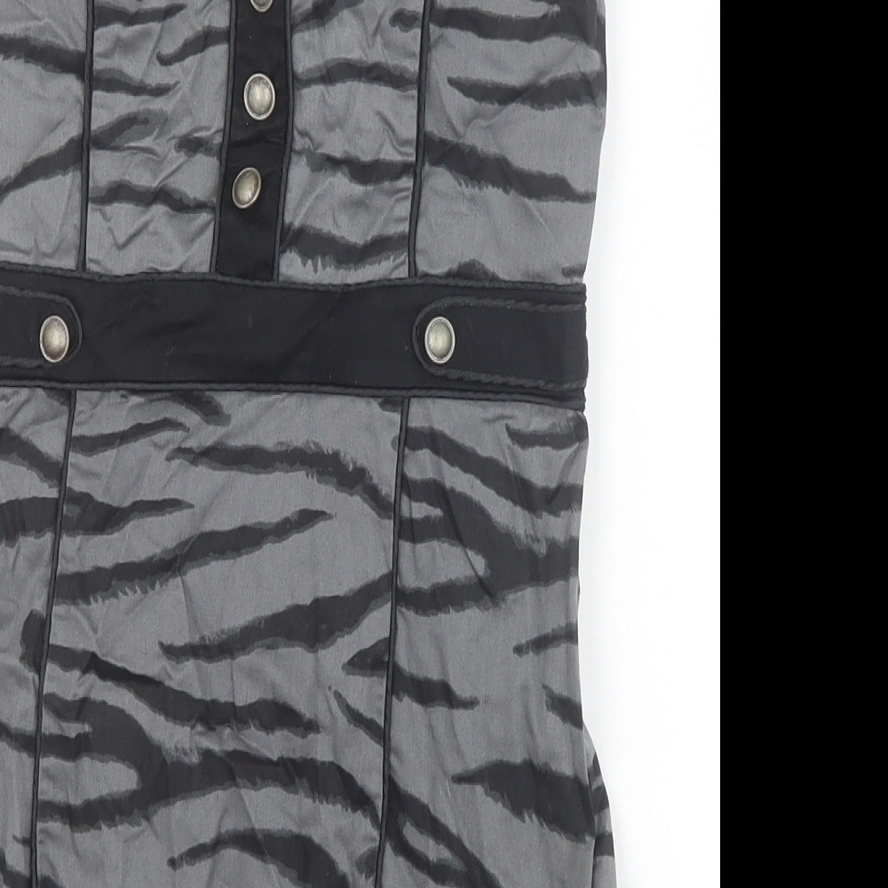 H&M Womens Grey Animal Print Cotton Bodycon Size 8 Off the Shoulder Zip - Tiger Pattern