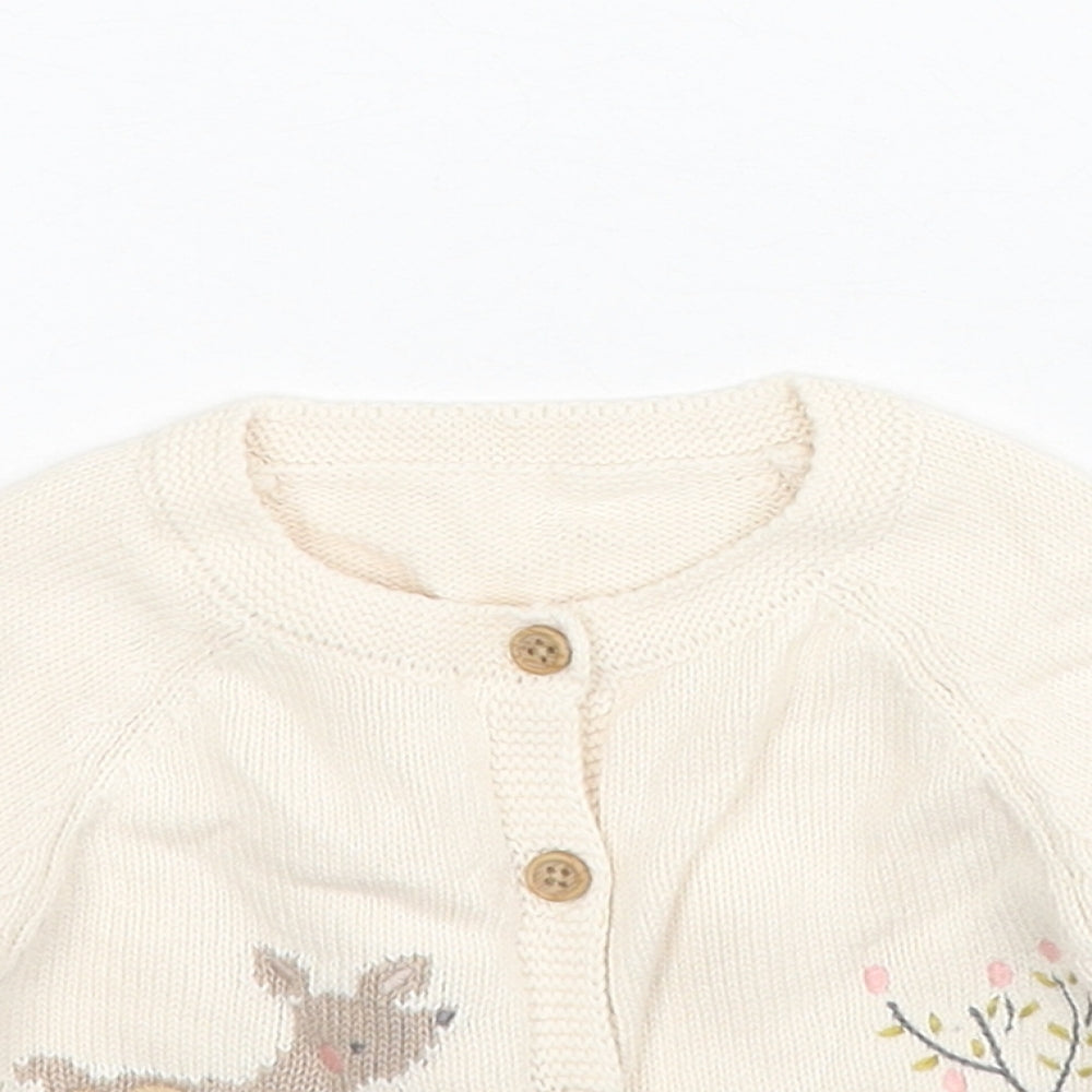 George Girls Beige Cotton Cardigan Jumper Size 3-6 Months Button - Cute Animals