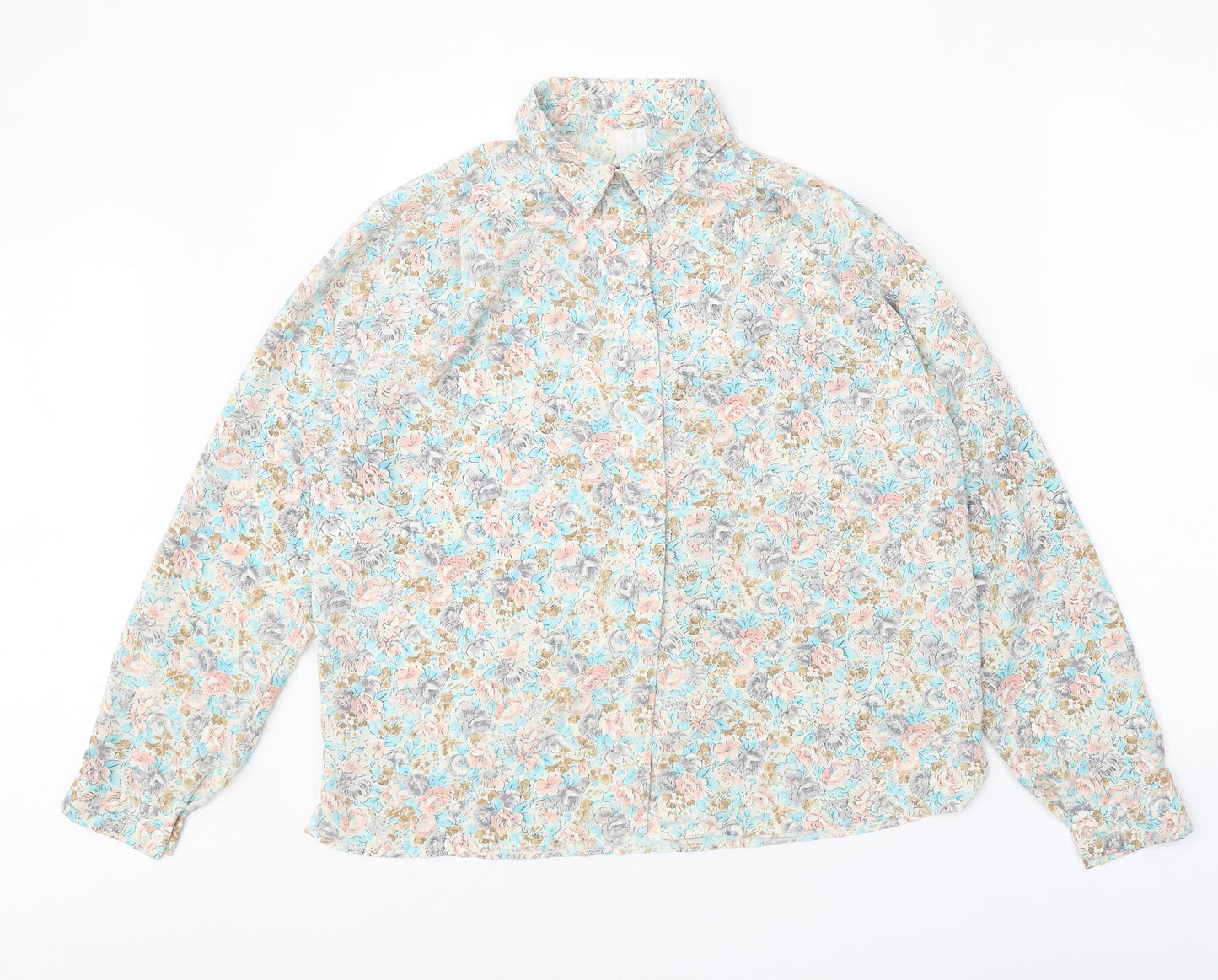 Preworn Womens White Floral Polyester Basic Button-Up Size 12 Collared