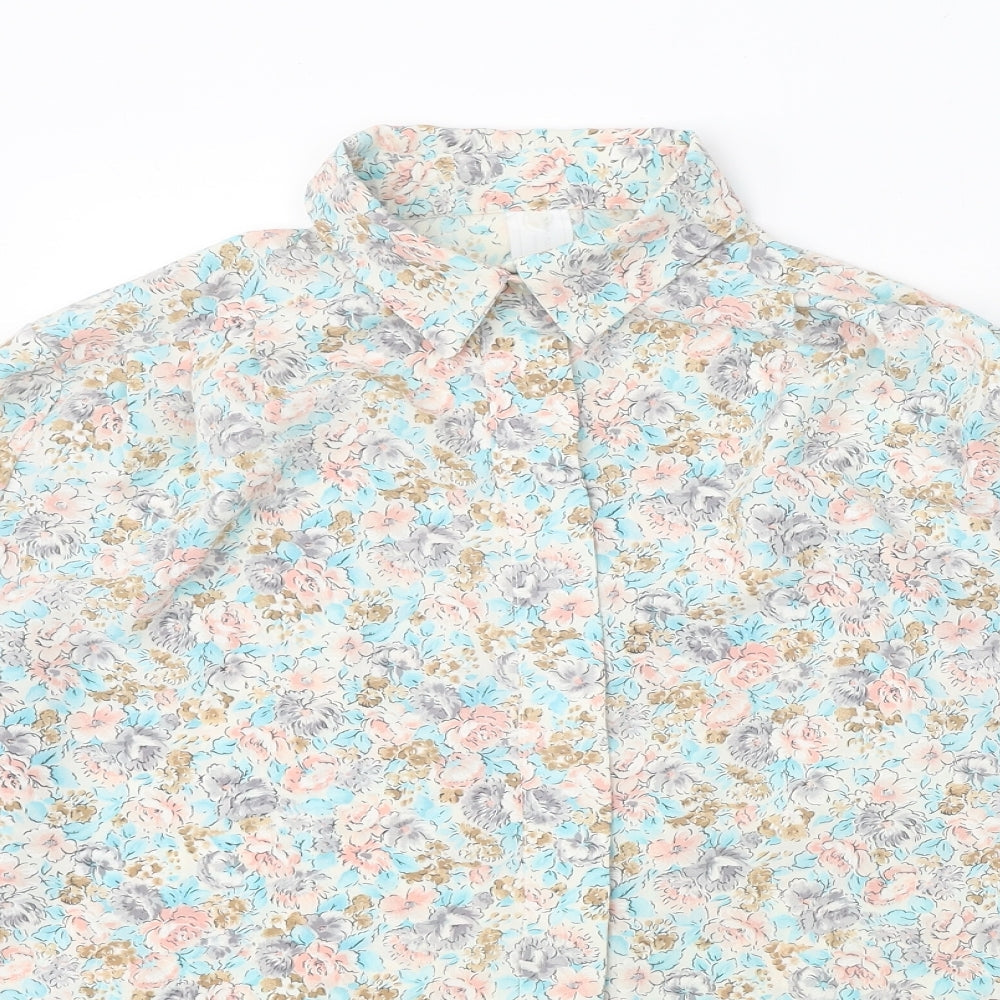 Preworn Womens White Floral Polyester Basic Button-Up Size 12 Collared