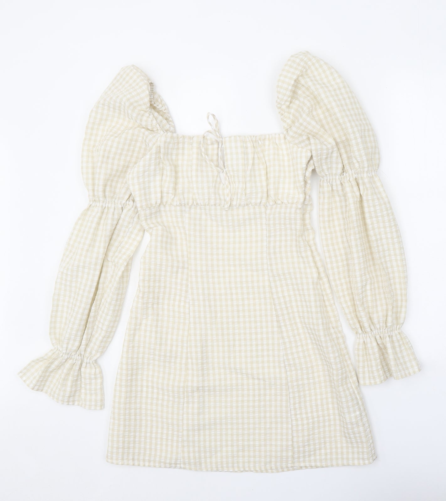 Divided Womens Yellow Gingham Polyester Fit & Flare Size 8 Square Neck Tie