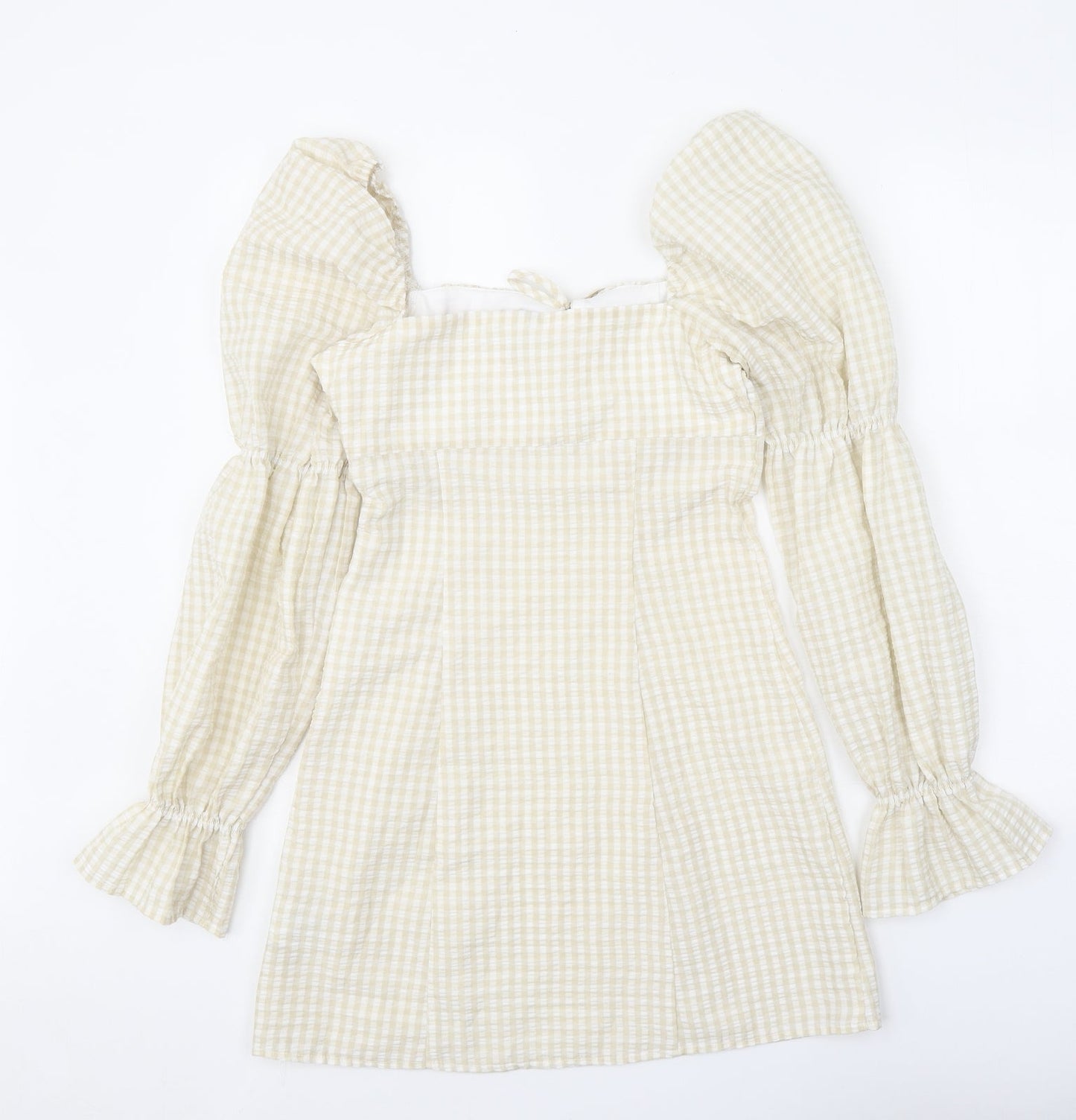 Divided Womens Yellow Gingham Polyester Fit & Flare Size 8 Square Neck Tie