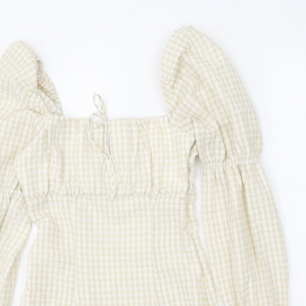 Divided Womens Yellow Gingham Polyester Fit & Flare Size 8 Square Neck Tie