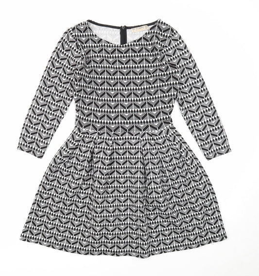 Pull&Bear Womens Black Geometric Polyester Fit & Flare Size L Round Neck Zip