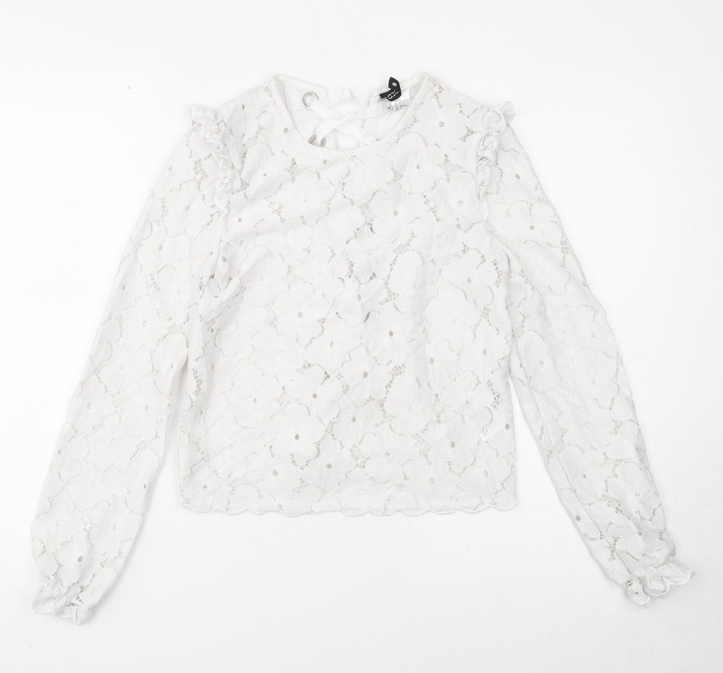 Divided Womens White Floral Polyamide Basic Blouse Size 6 Round Neck