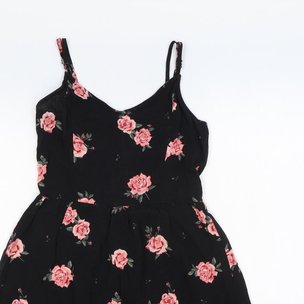 H&M Womens Black Floral Viscose Slip Dress Size 4 V-Neck Pullover - Shirred Back