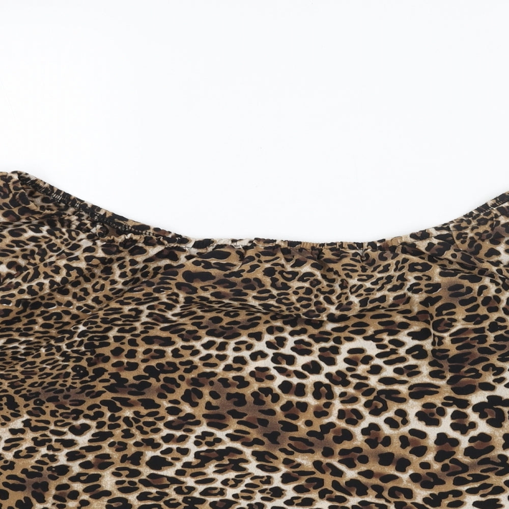 youins Womens Brown Animal Print Polyester Basic Blouse Size XL Round Neck - Leopard print