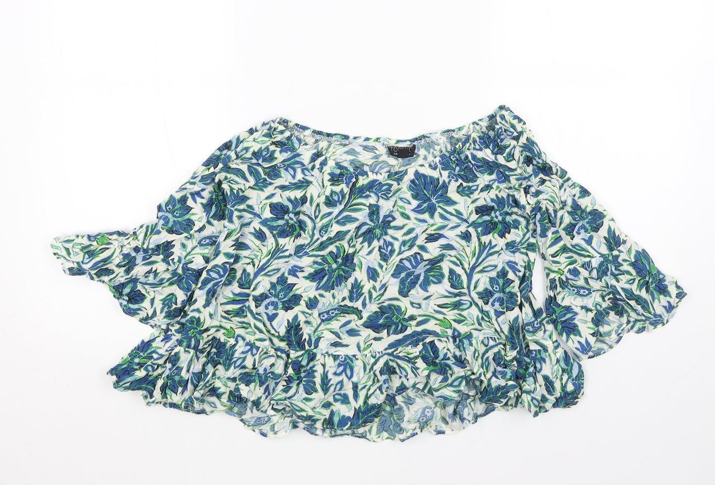 Topshop Womens Blue Floral Viscose Basic Blouse Size 8 Boat Neck