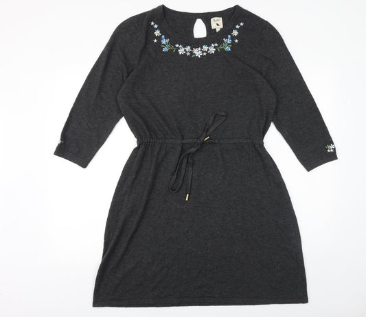 Yumi Womens Grey Floral Polyester Fit & Flare Size L Round Neck Tie