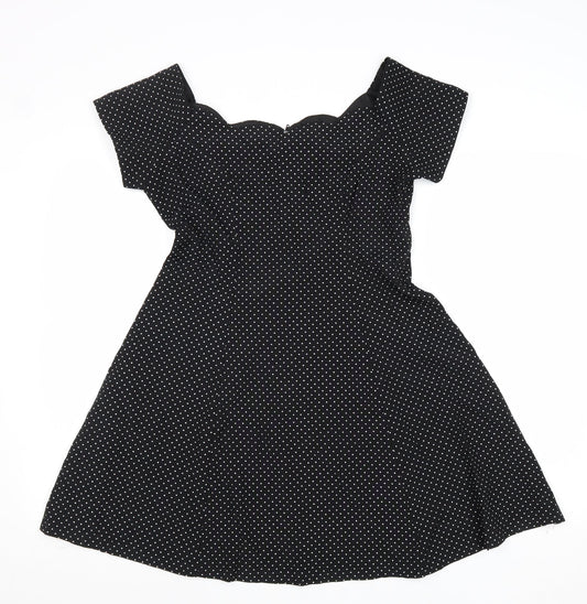 Dramatix Womens Black Polka Dot Viscose Fit & Flare Size 10 Boat Neck Zip - Scalloped Neckline