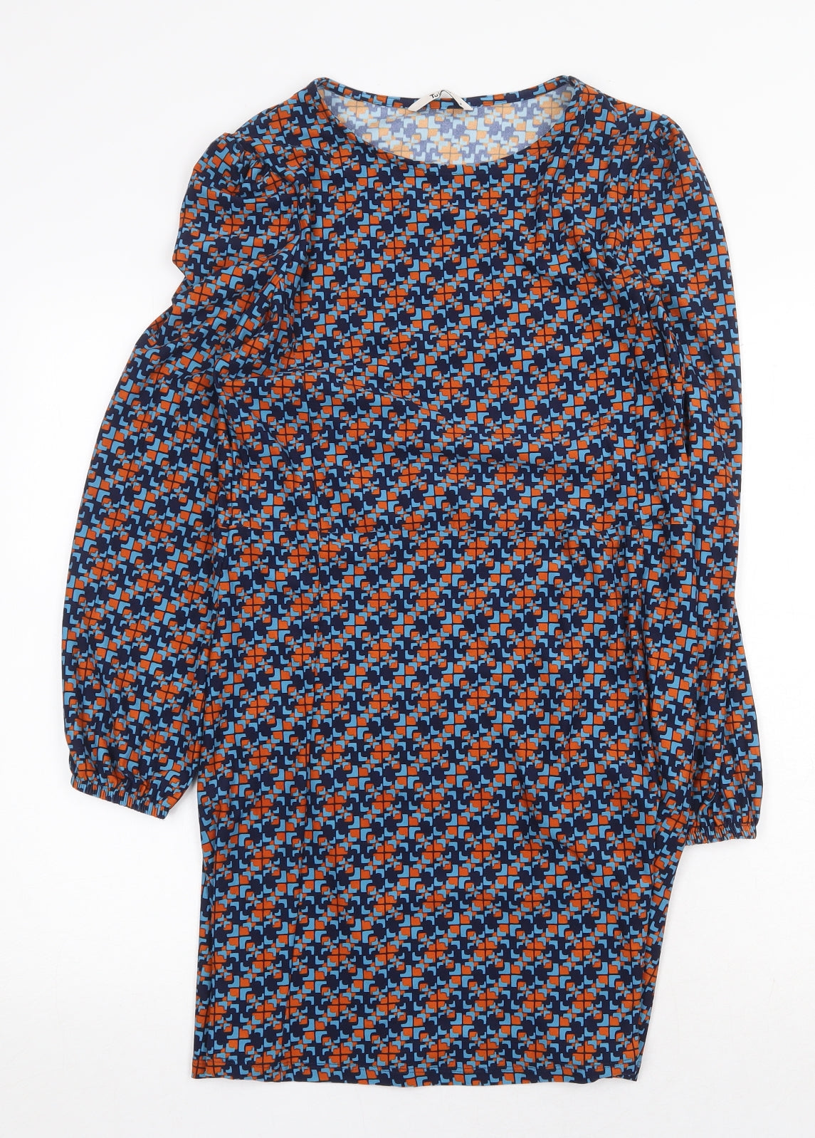 TU Womens Blue Geometric Polyester A-Line Size 8 Round Neck Pullover