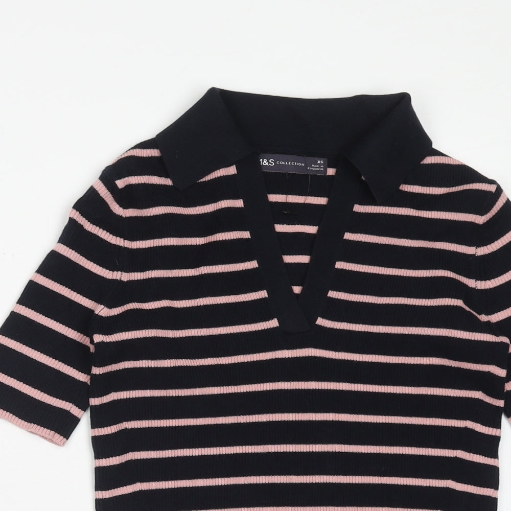 Marks and Spencer Womens Blue Striped Cotton Basic Polo Size XS Collared - Ribbed