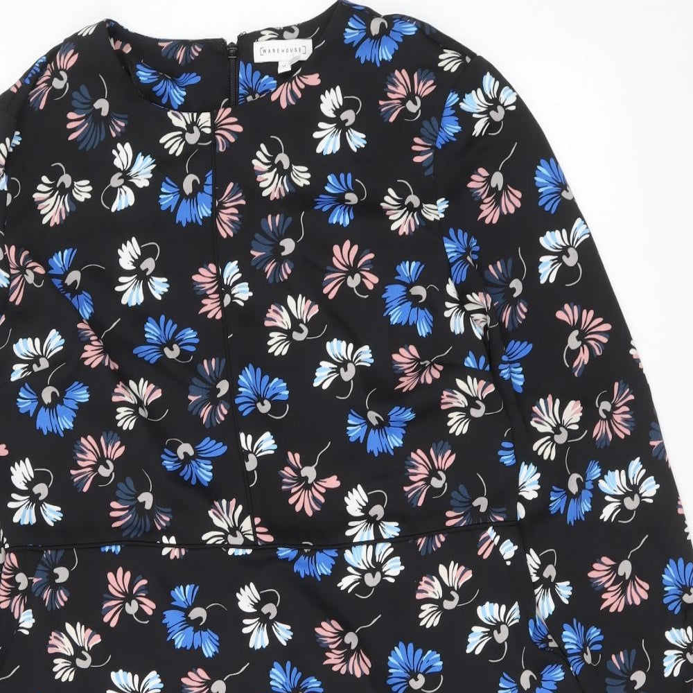 Warehouse Womens Black Floral Polyester Shift Size 14 Scoop Neck Zip - Tie Sleeve Detail