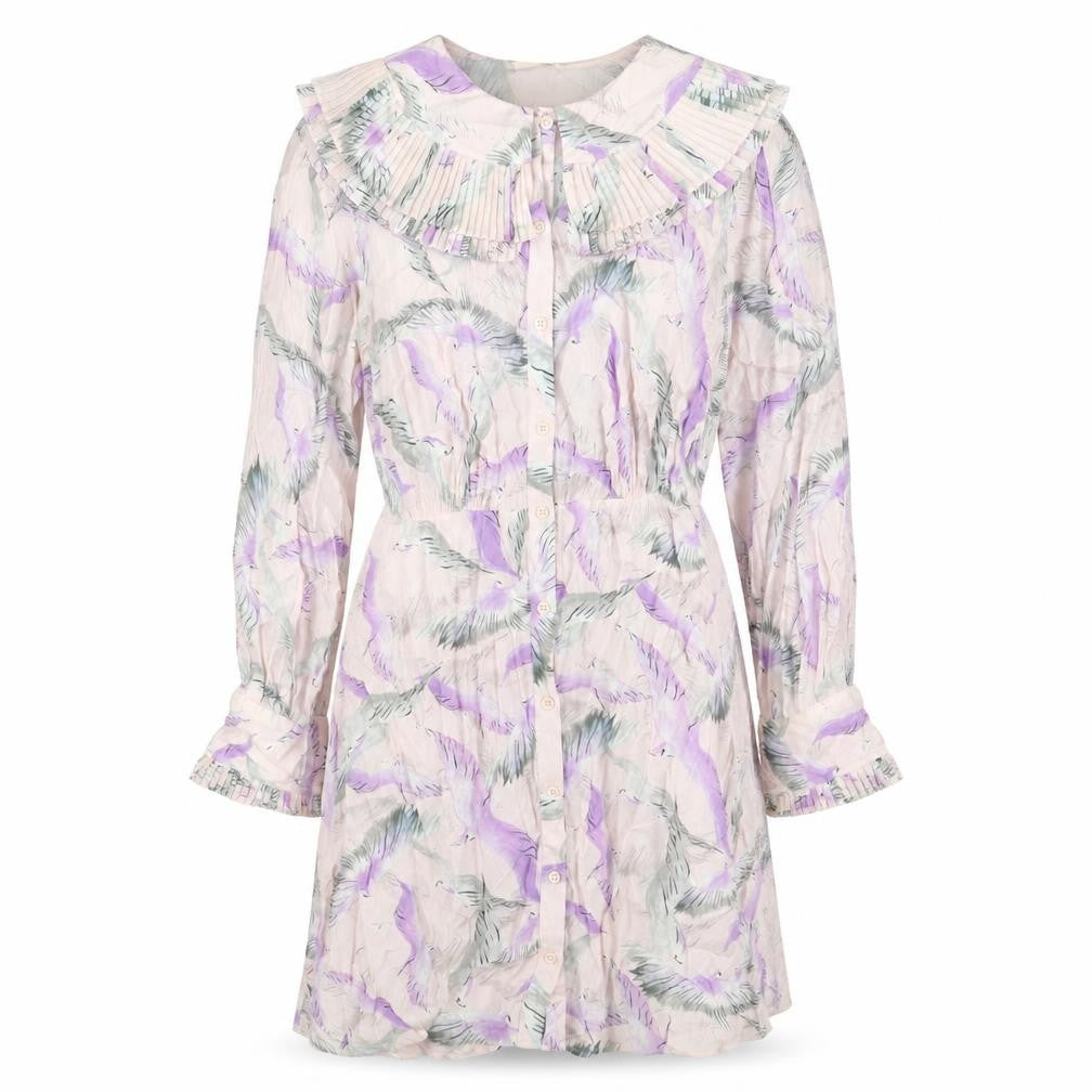 H&M Womens Pink Geometric Viscose Shirt Dress Size 10 Collared Button - Crane Print, Pleated Peter Pan Collar