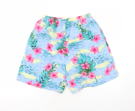 Susan Graver Womens Blue Floral Polyester Bermuda Shorts Size S Regular Pull On