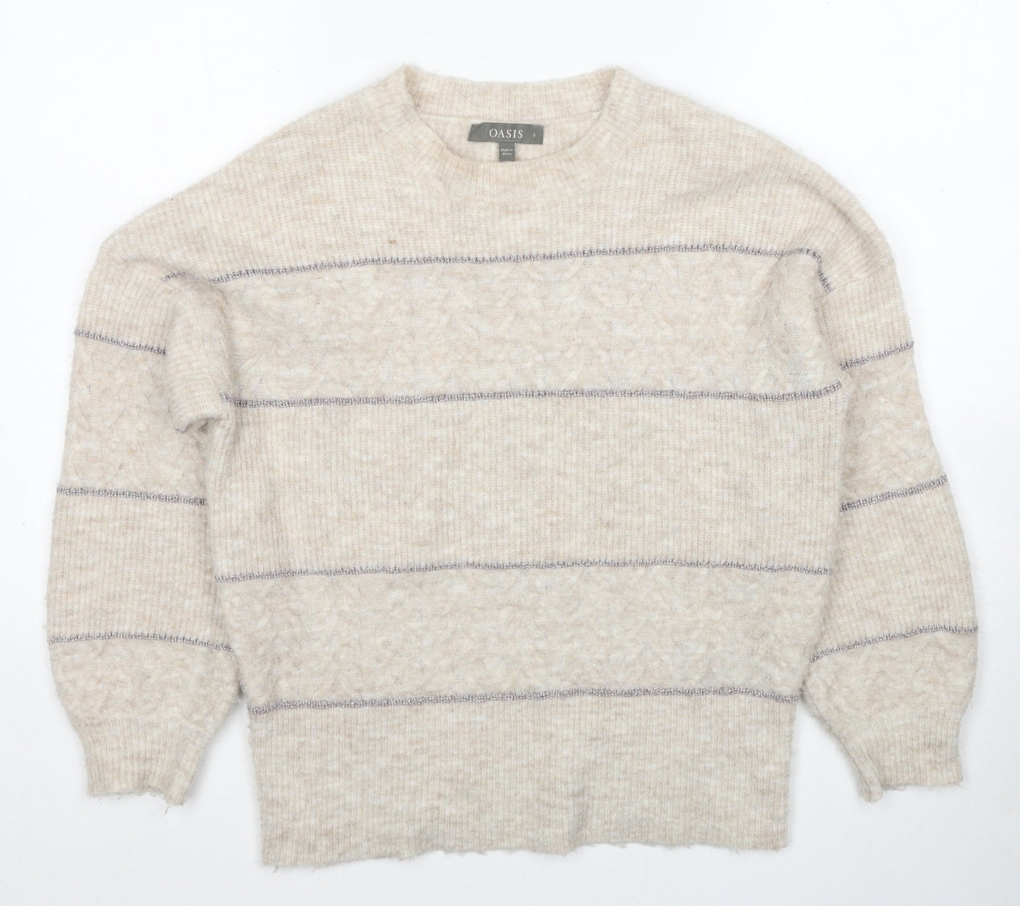 Oasis Womens Beige Round Neck Striped Acrylic Pullover Jumper Size S