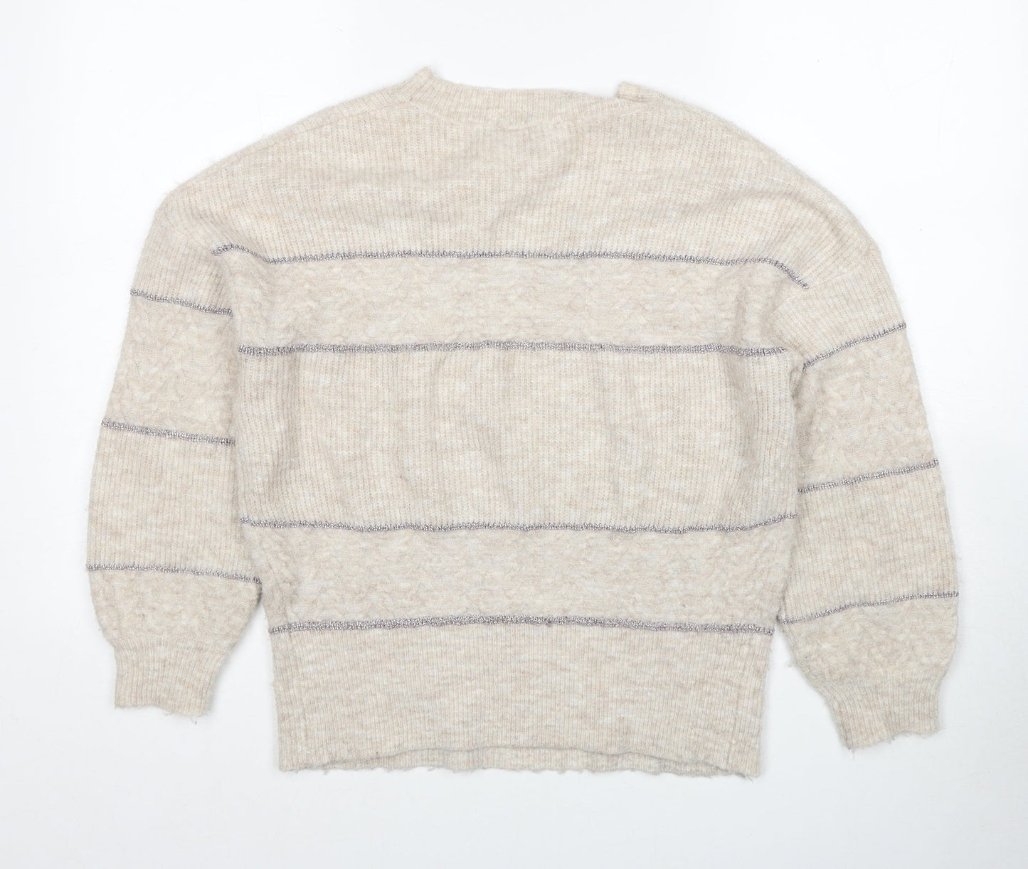 Oasis Womens Beige Round Neck Striped Acrylic Pullover Jumper Size S