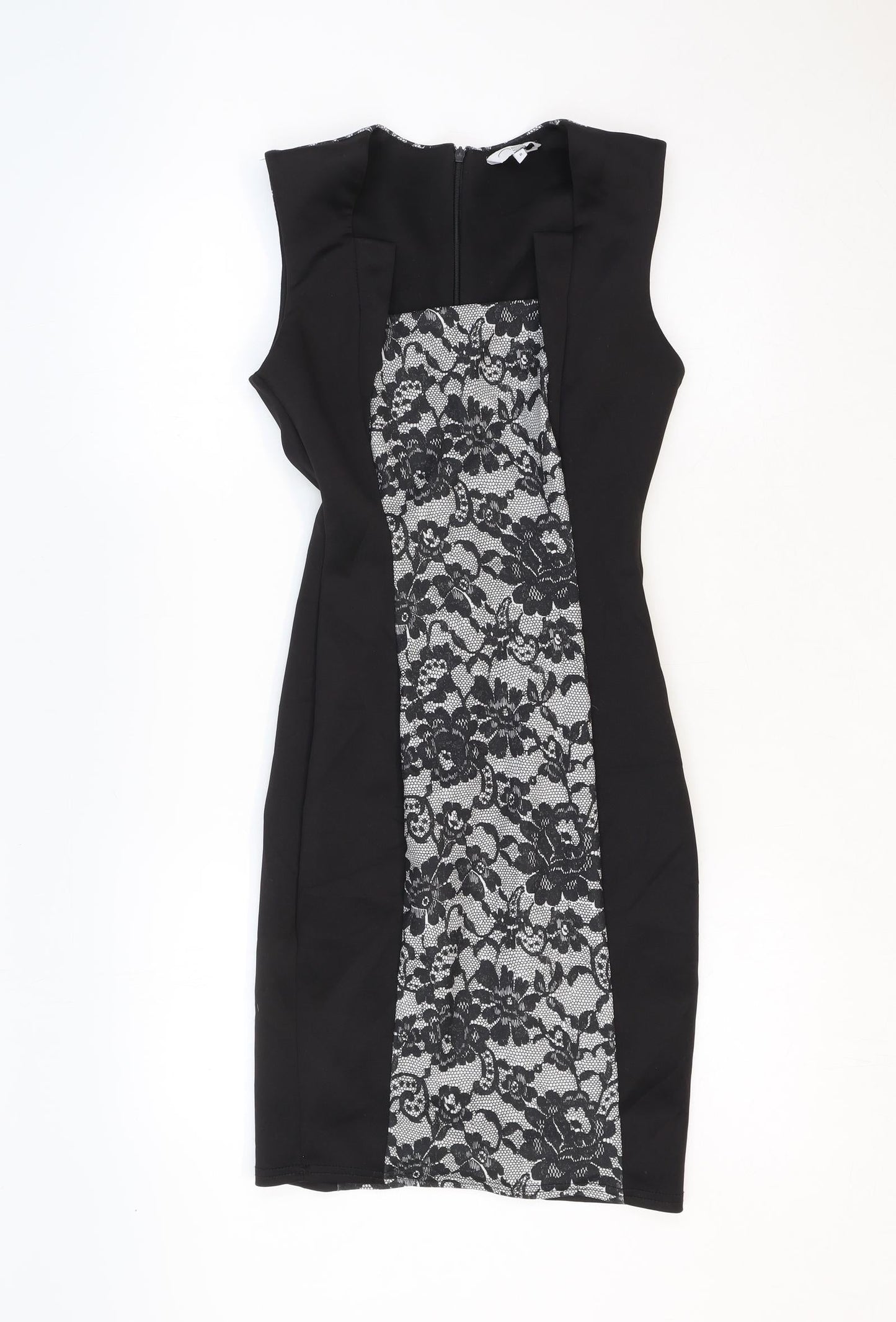 New Look Womens Black Floral Polyester A-Line Size 8 Square Neck Zip