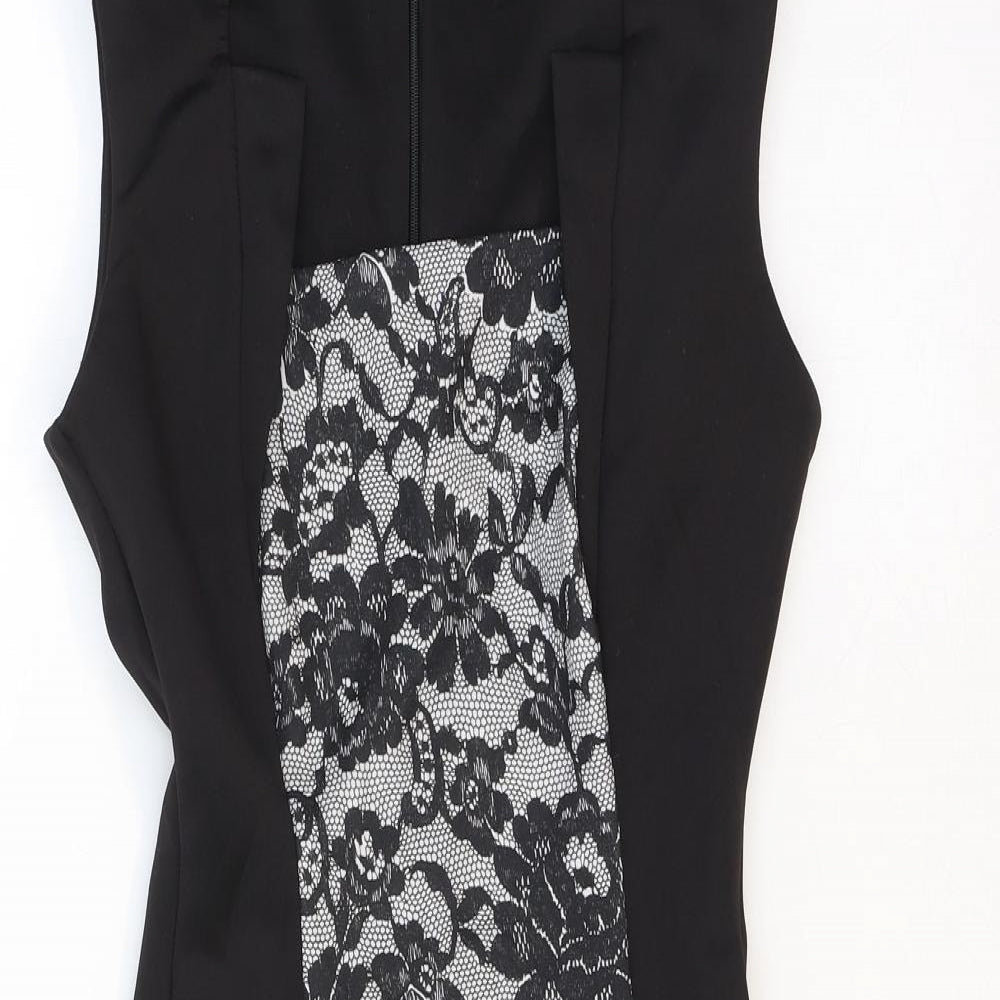 New Look Womens Black Floral Polyester A-Line Size 8 Square Neck Zip