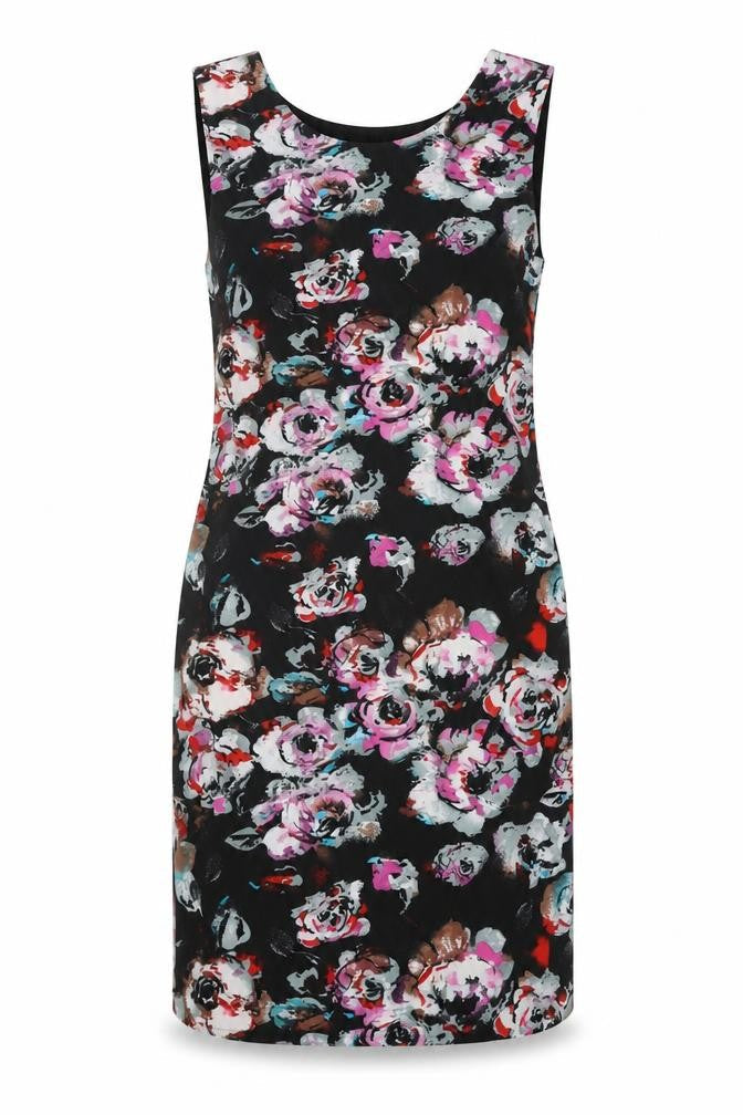 VENCO Womens Black Floral Polyester Shift Size 16 Scoop Neck Zip