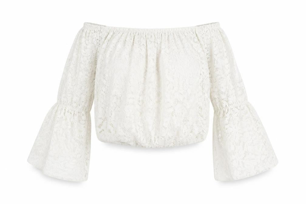 Quiz Womens White Floral Polyester Cropped Blouse Size M Off the Shoulder - Bell Sleeve Bardot