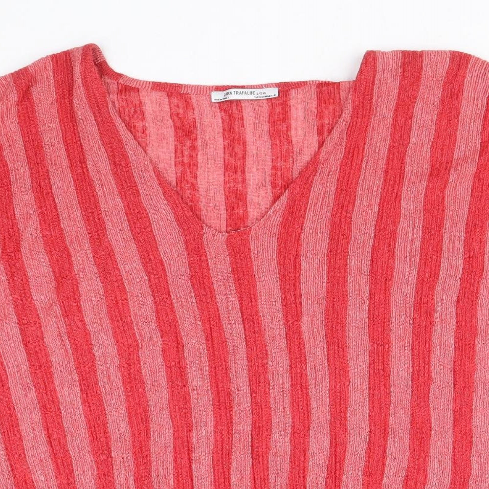 Zara Womens Red Striped Polyester Basic Blouse Size M V-Neck