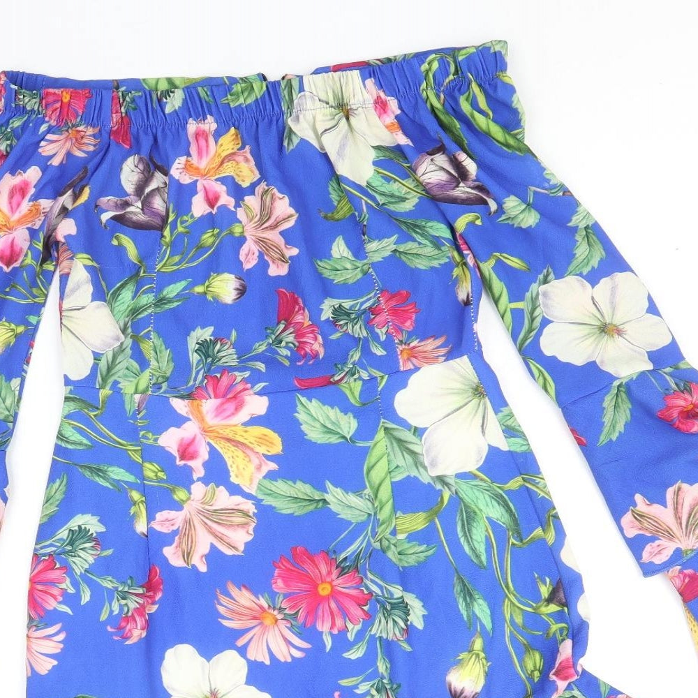 Lustre Womens Blue Floral Polyester Trapeze & Swing Size 6 Off the Shoulder Zip