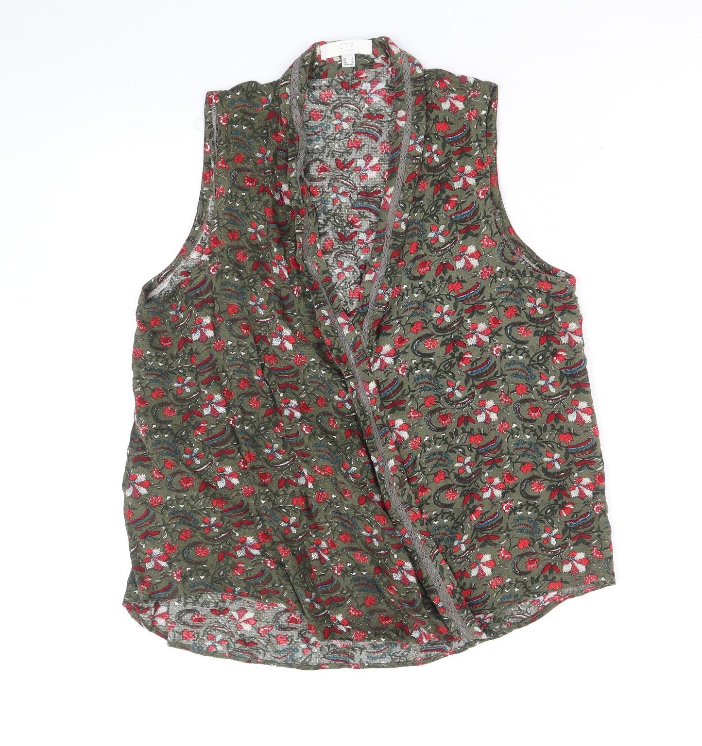 CTF Womens Green Floral Polyester Basic Tank Size L V-Neck