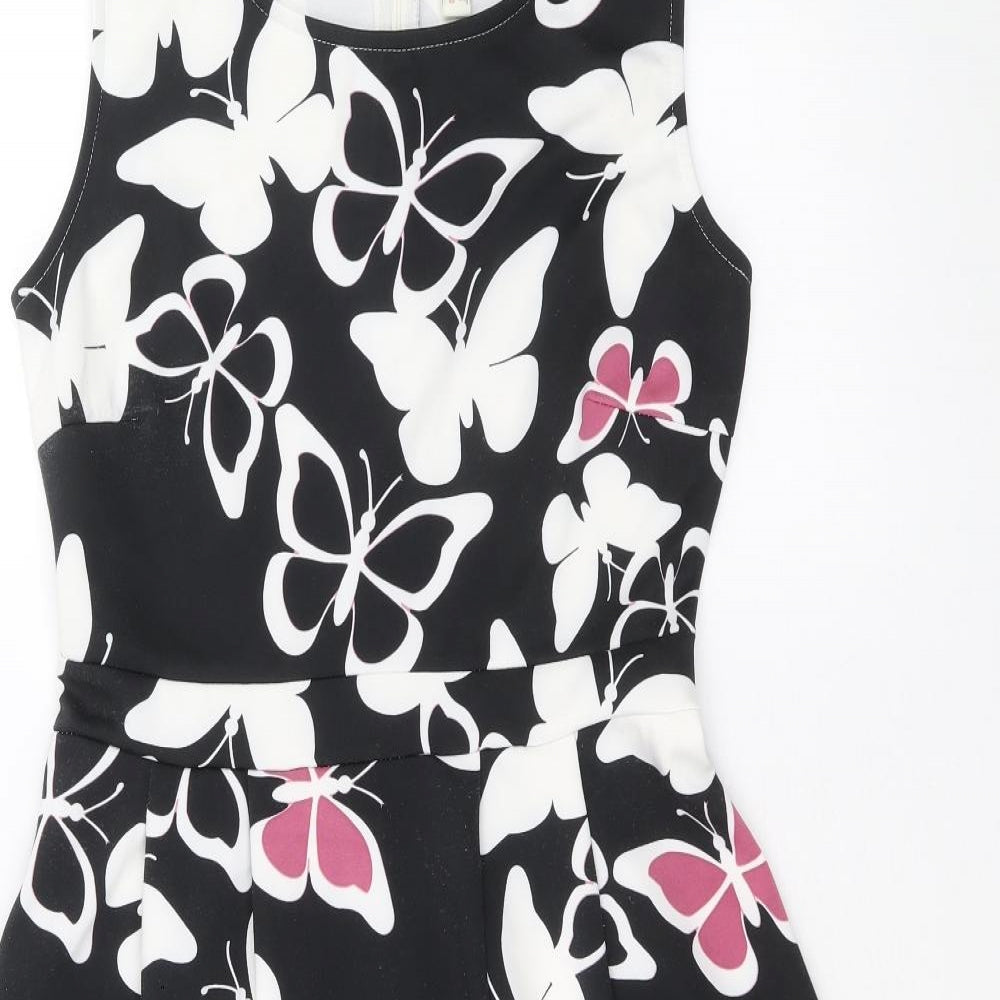Body Flirt Womens Black Geometric Polyester Fit & Flare Size 8 Round Neck Zip - Butterfly Pattern