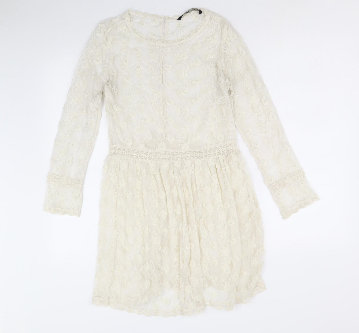 Zara Womens Ivory Geometric Polyester Fit & Flare Size S Round Neck Button