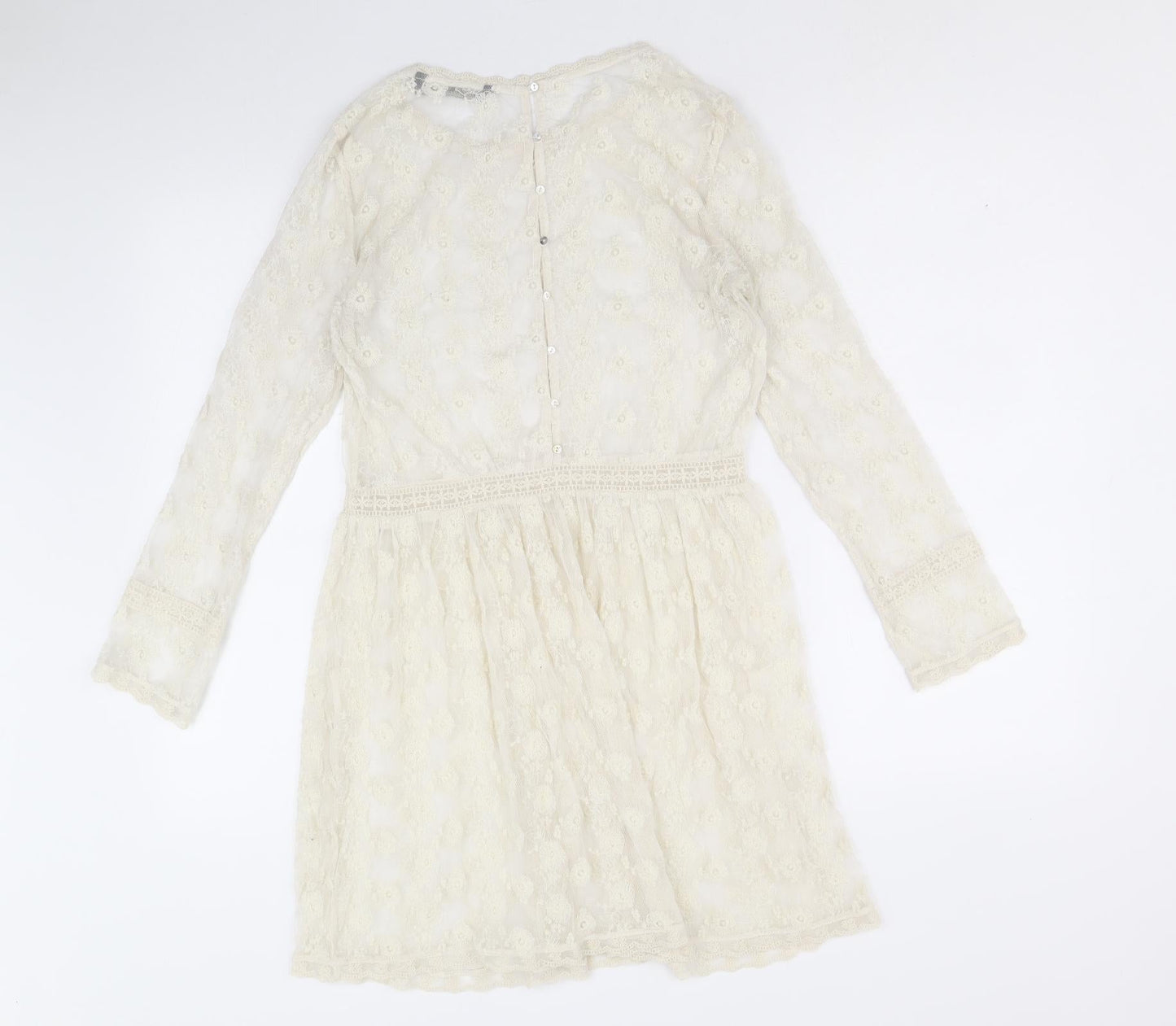 Zara Womens Ivory Geometric Polyester Fit & Flare Size S Round Neck Button