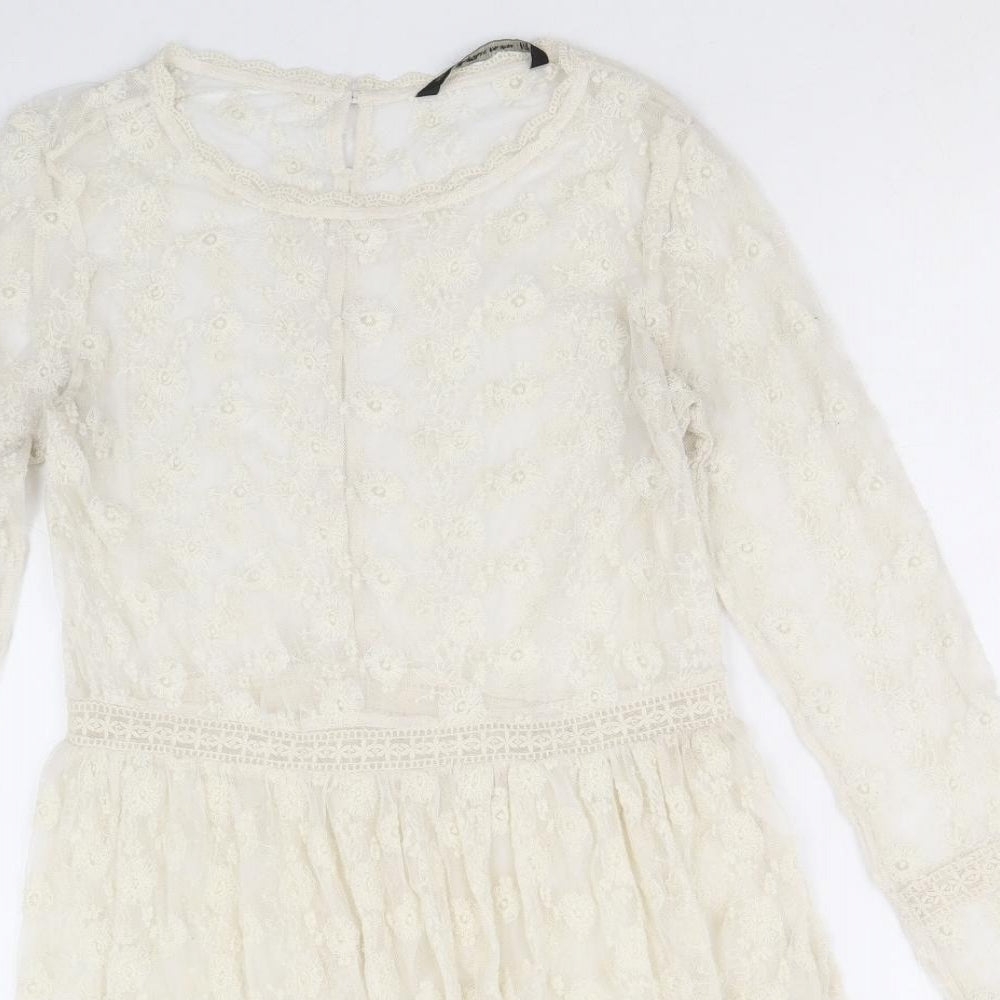 Zara Womens Ivory Geometric Polyester Fit & Flare Size S Round Neck Button