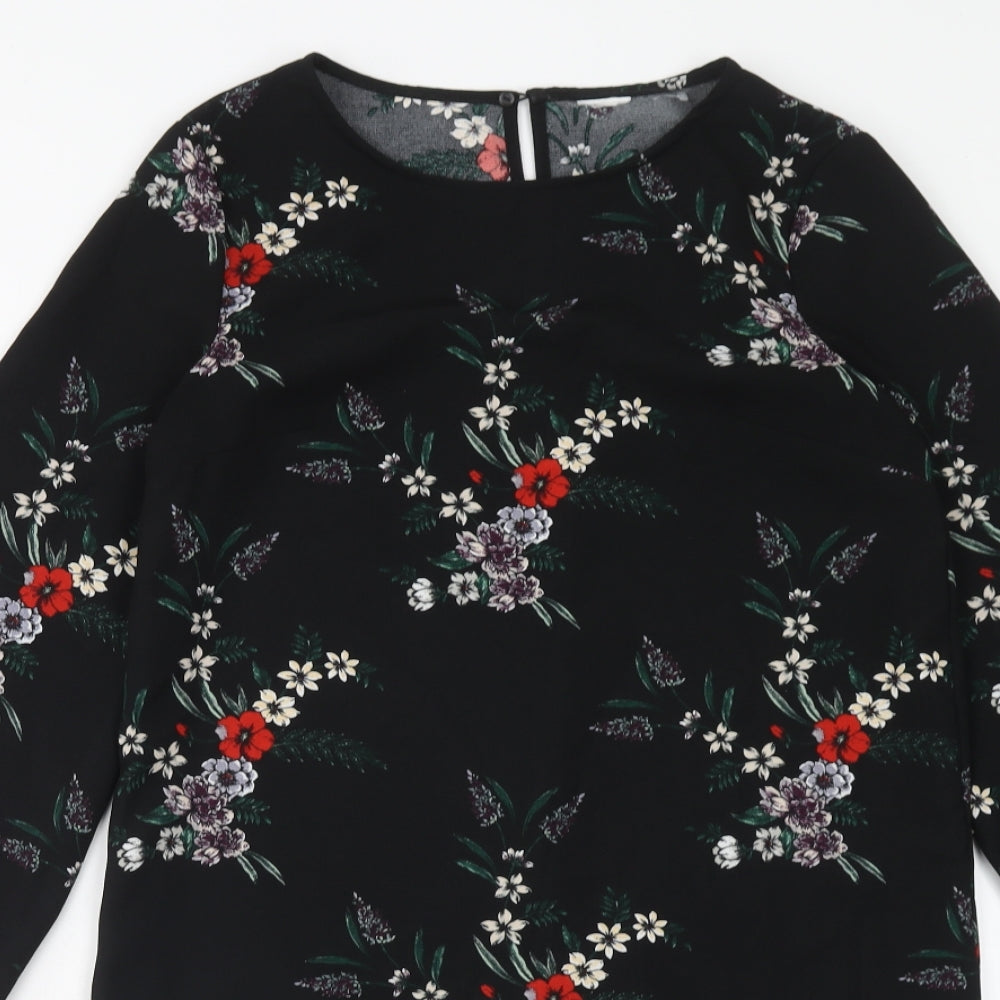 H&M Womens Blue Floral Polyester A-Line Size 8 Round Neck Button