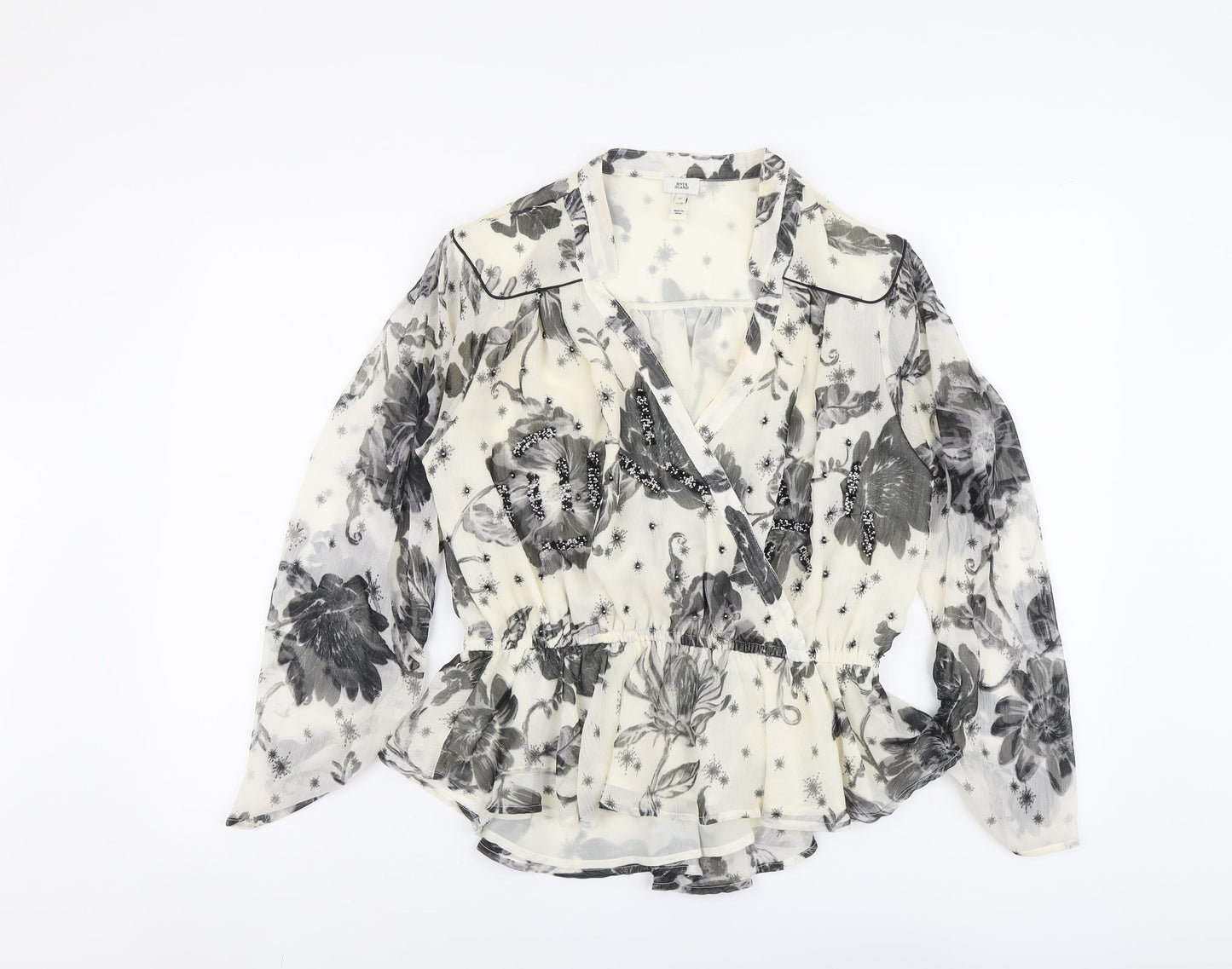 River Island Womens Beige Floral Polyester Cropped Blouse Size 12 V-Neck - Peplum
