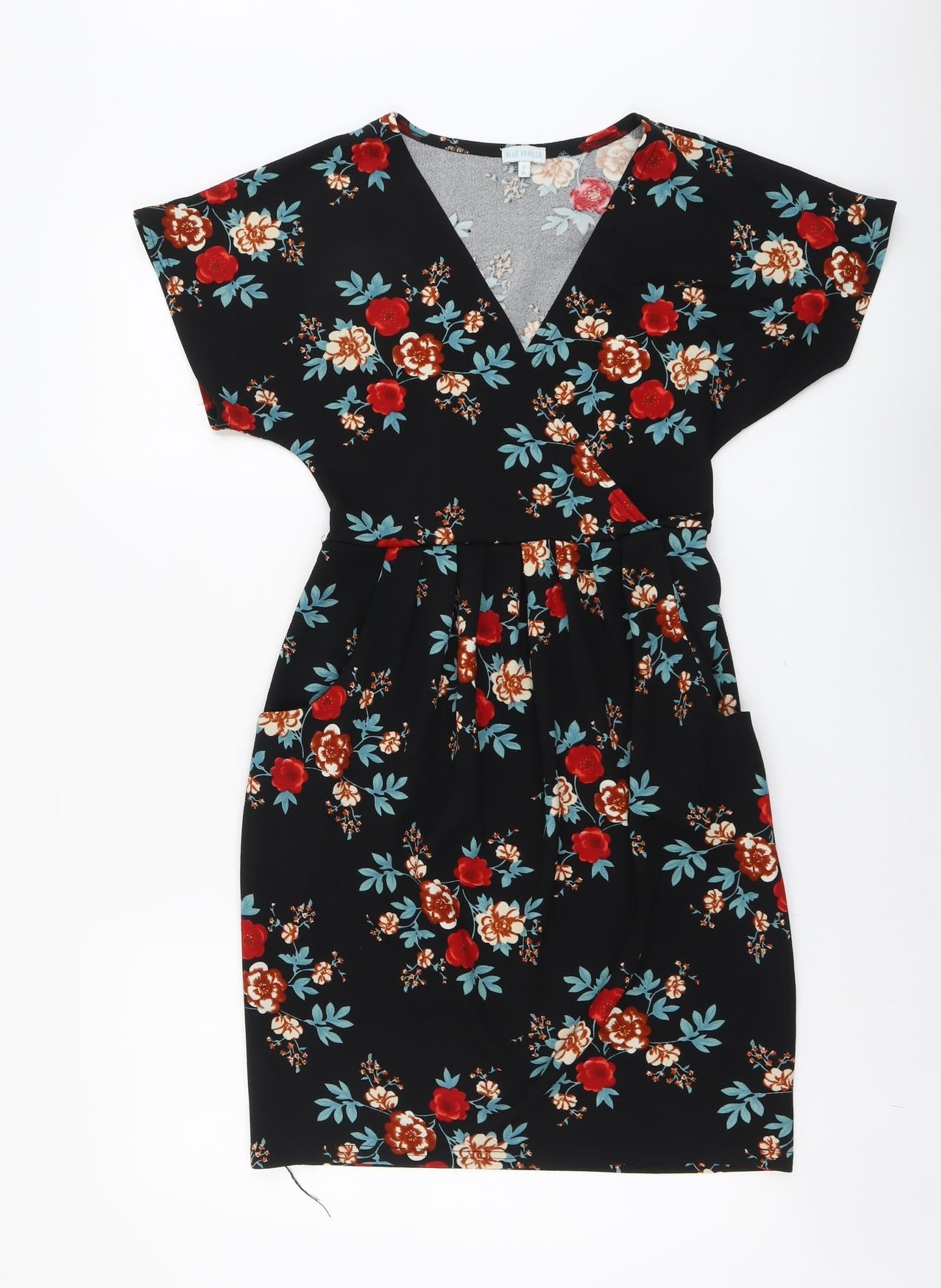 Blue Vanilla Womens Black Floral Polyester A-Line Size 8 V-Neck Pullover