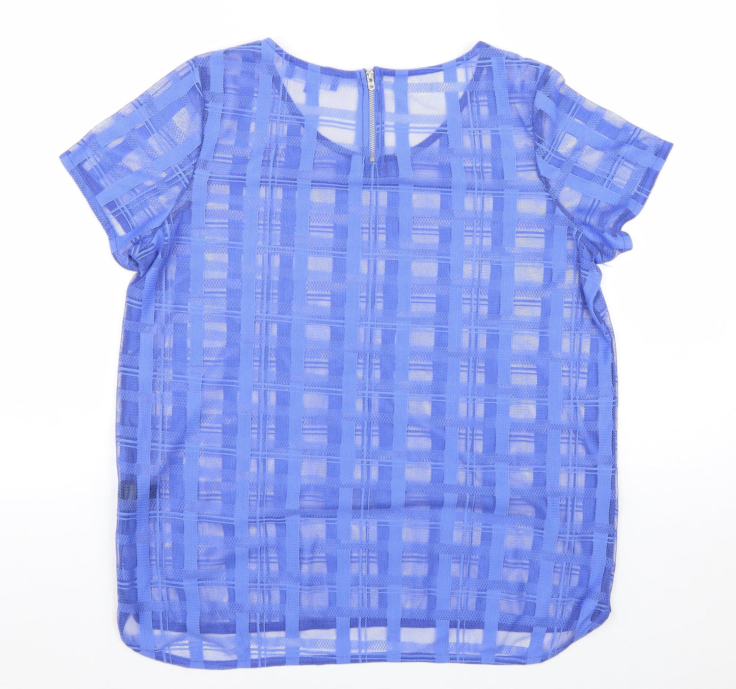 NEXT Womens Blue Plaid Polyester Basic T-Shirt Size 14 Scoop Neck