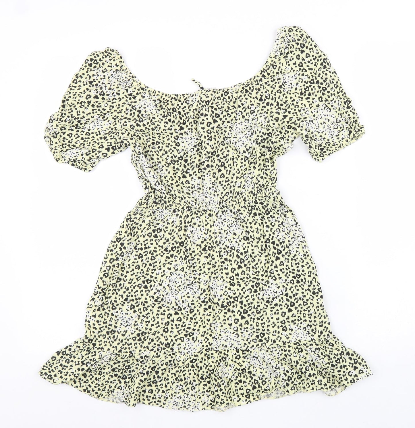 Miss Selfridge Womens Yellow Animal Print Viscose Fit & Flare Size 6 Round Neck Drawstring - Leopard Pattern