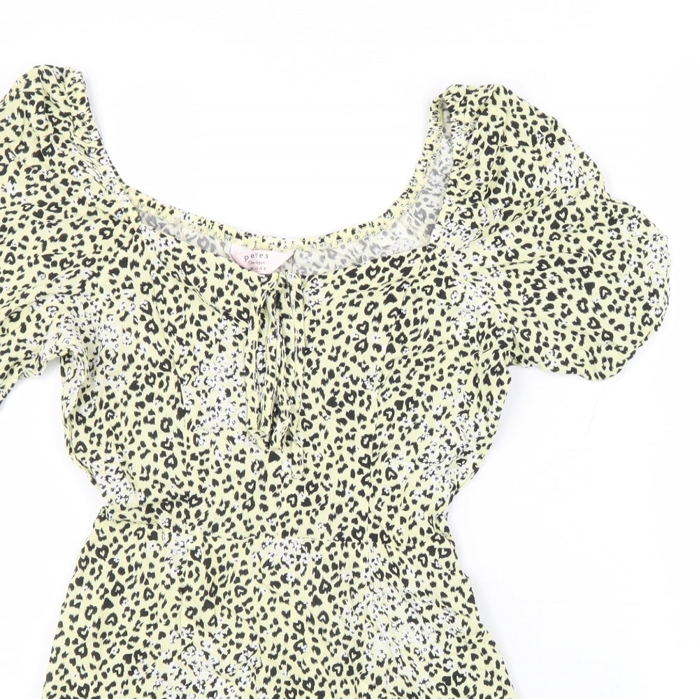 Miss Selfridge Womens Yellow Animal Print Viscose Fit & Flare Size 6 Round Neck Drawstring - Leopard Pattern