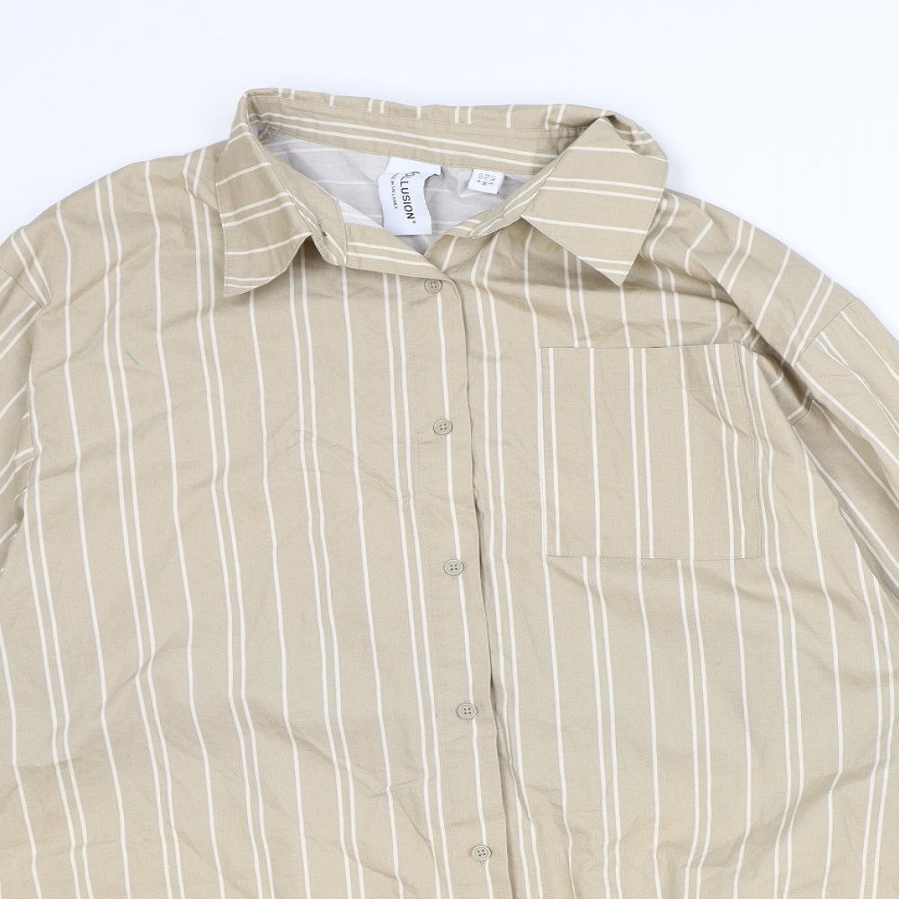 COLLUSION Womens Brown Striped 100% Cotton Basic Button-Up Size 8 Collared