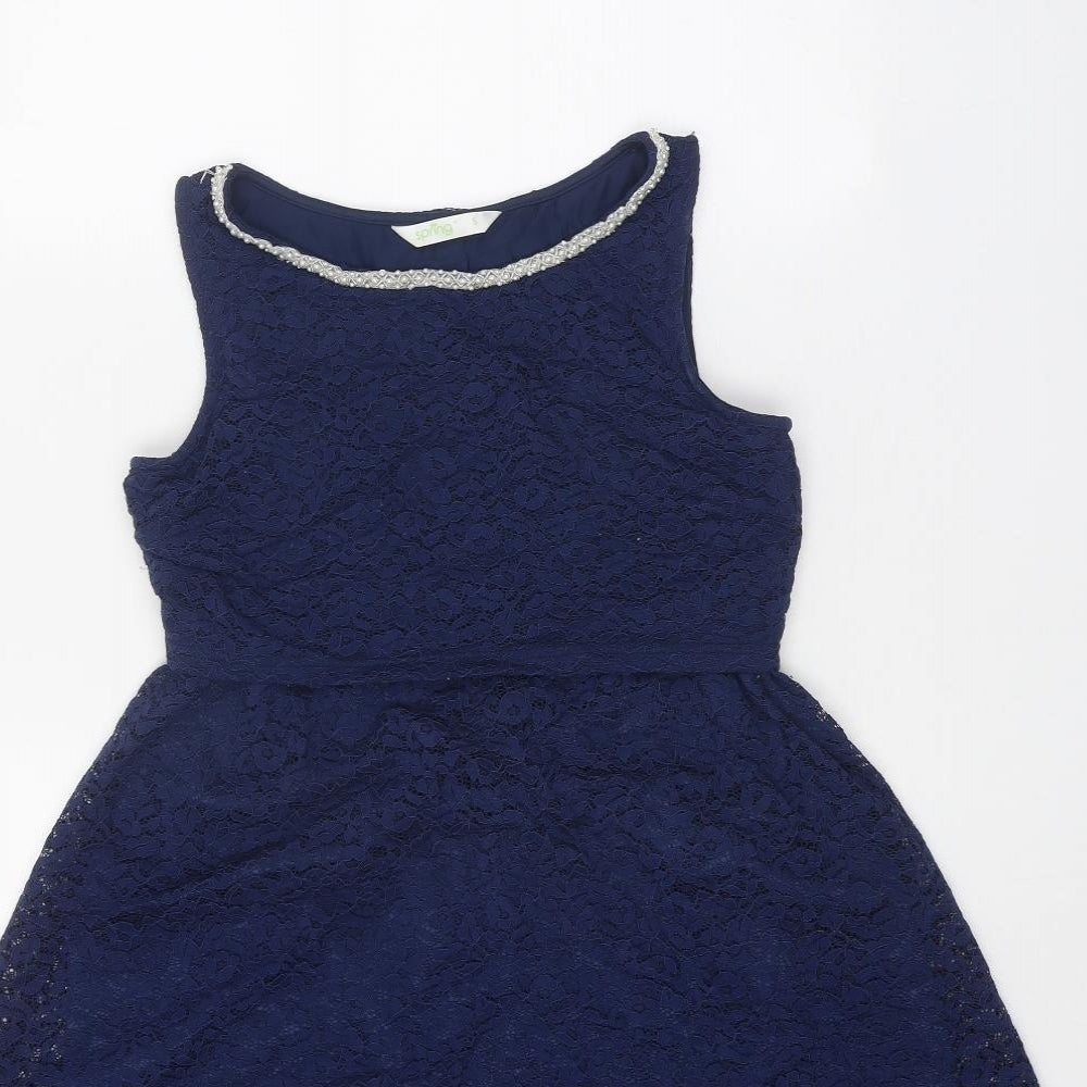Spring Womens Blue Polyester Fit & Flare Size S Round Neck Zip