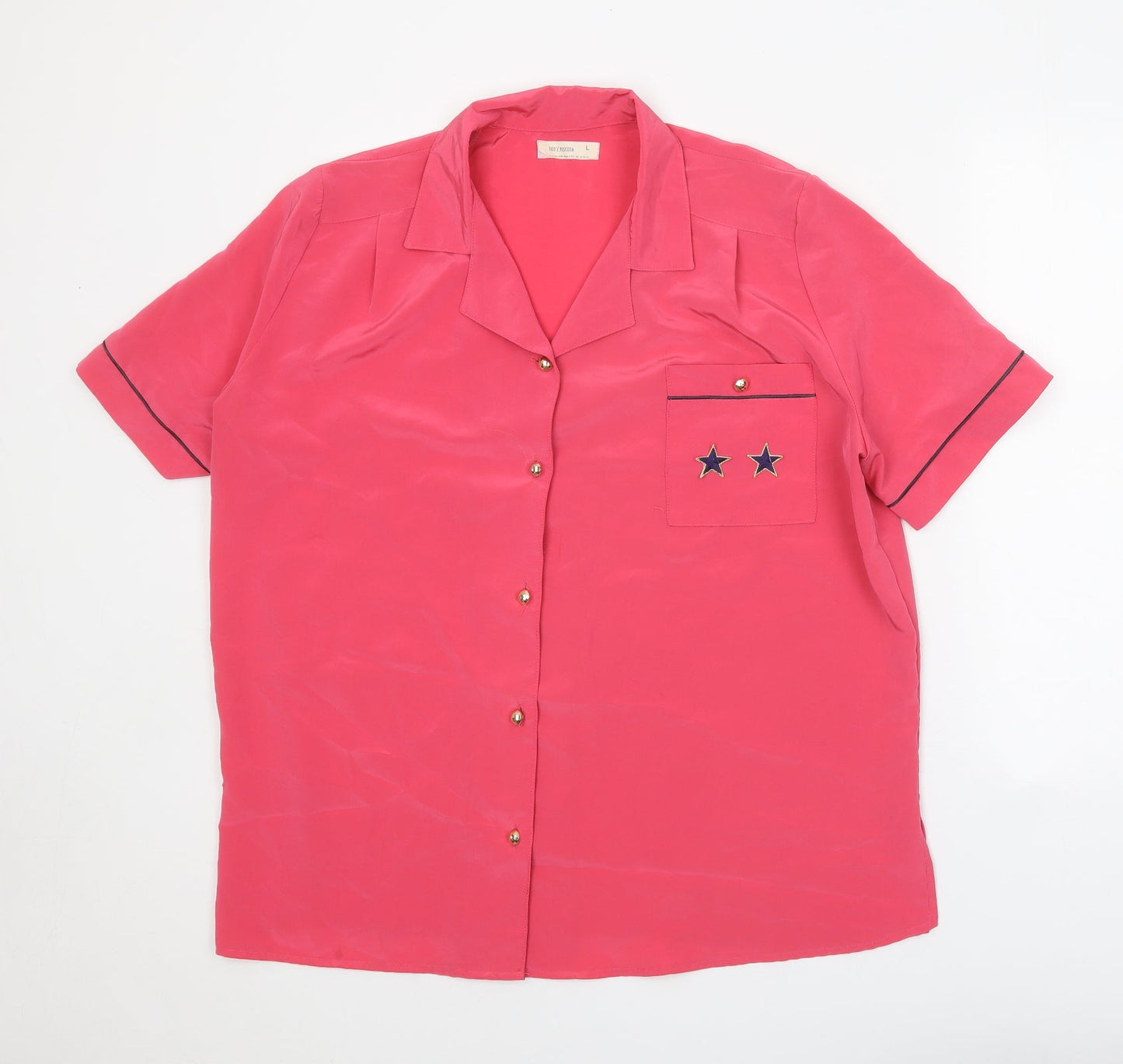 Preworn Womens Pink Viscose Basic Button-Up Size L Collared - Stars