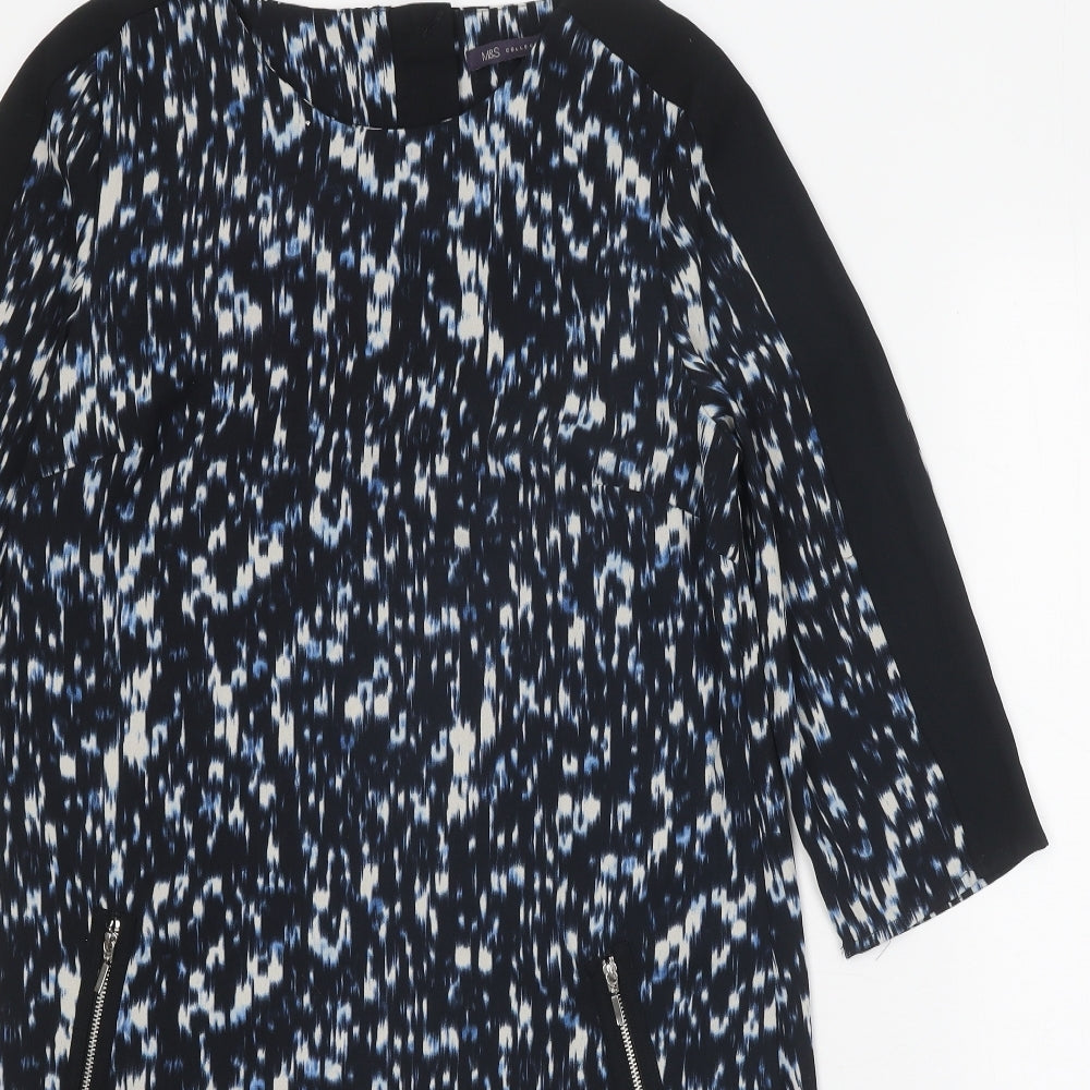 Marks and Spencer Womens Black Geometric Polyester A-Line Size 10 Round Neck Zip