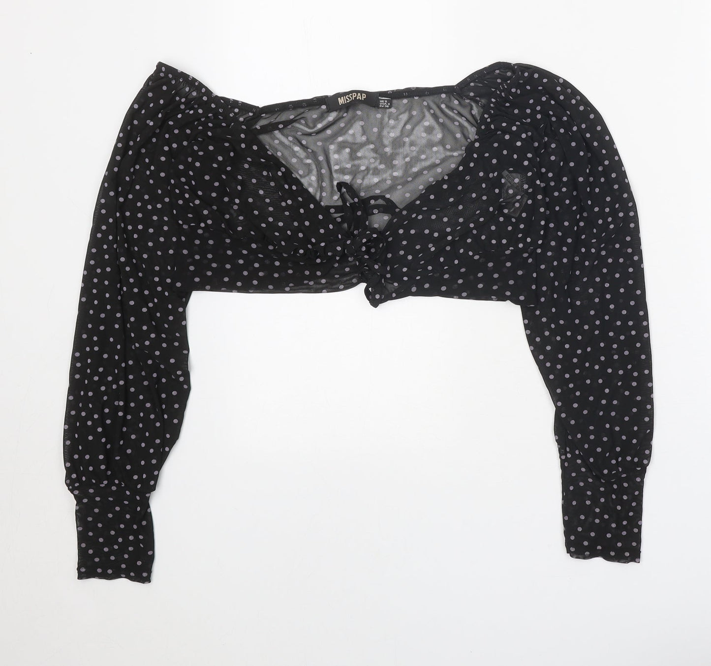 Misspap Womens Black Polka Dot Polyester Cropped Blouse Size 8 V-Neck
