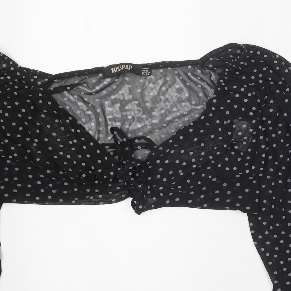 Misspap Womens Black Polka Dot Polyester Cropped Blouse Size 8 V-Neck