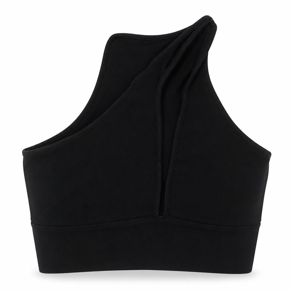 Front view of ASOS women’s black polyester cropped tank, size UK 10, v-neck