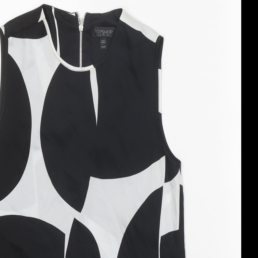 Topshop Womens Black Geometric Polyester Basic Tank Size 8 Round Neck